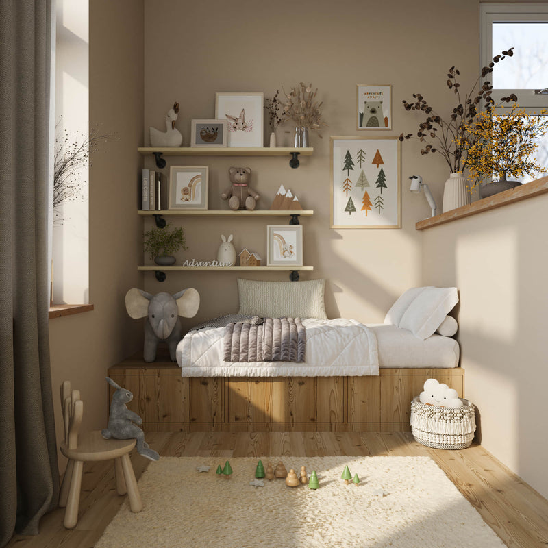 cute design for kids room with dark iron supports and wooden shelves for decoration and photos